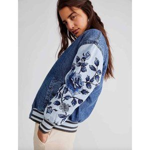 Free People Team Spirit Floral Embroidered Bomber Jacket In Denim Size Medium